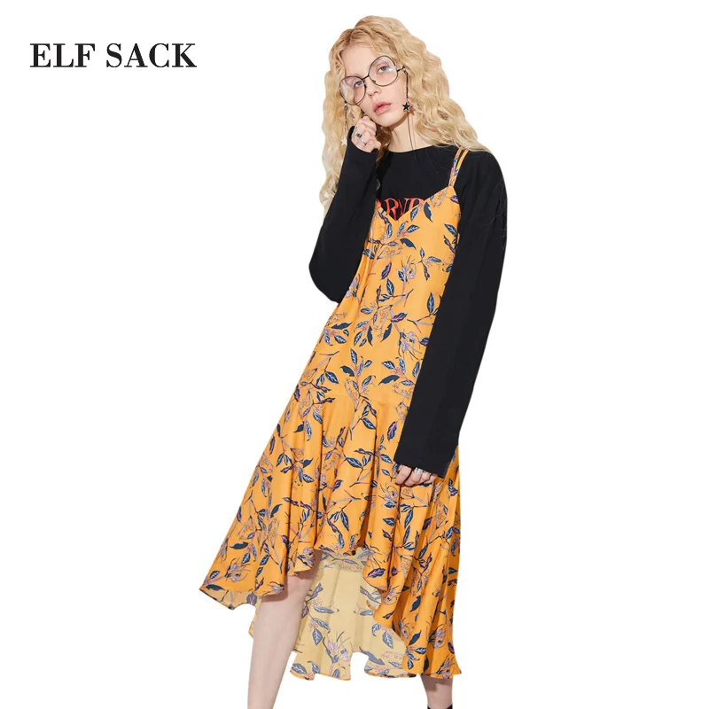 Женское платье на бретельках ELFSACK черное винтажное с цветочным принтом|sling dress|dress