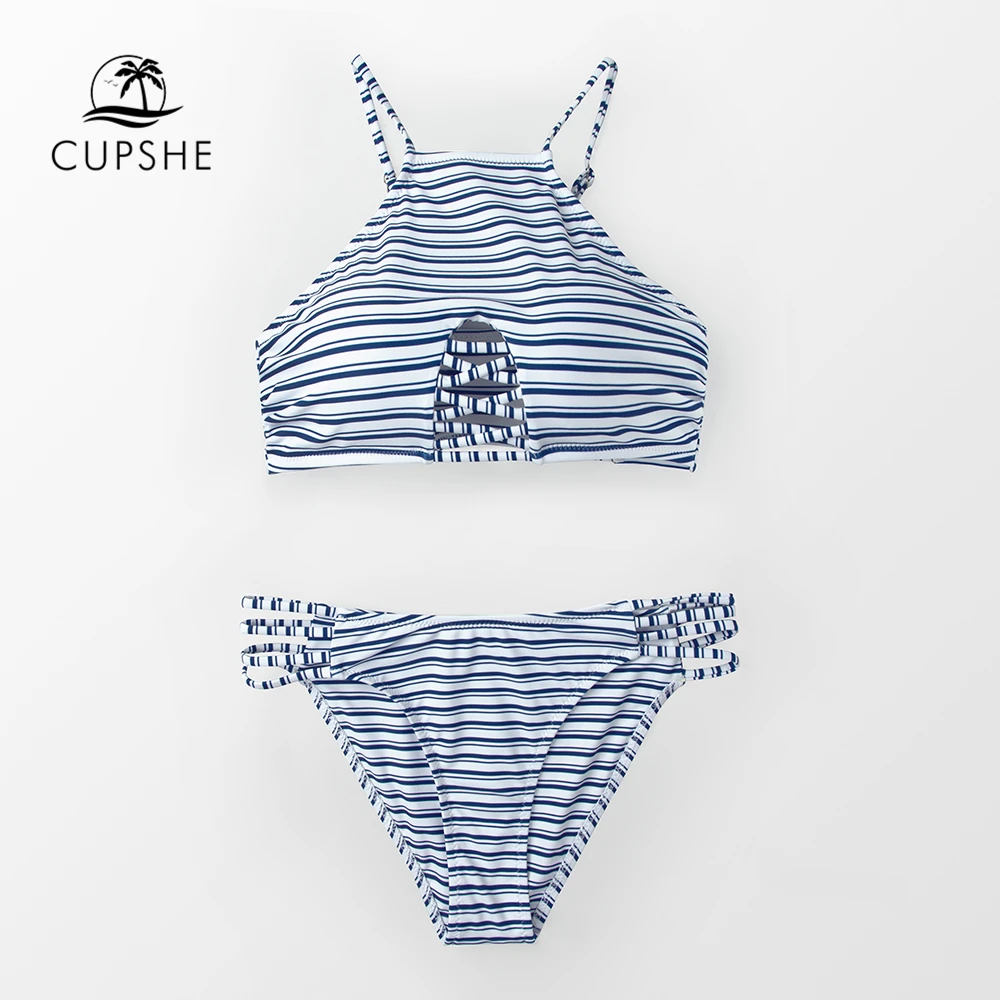 Женский купальник в бело-синюю полоску CUPSHE комплект бикини стиле бохо с высоким