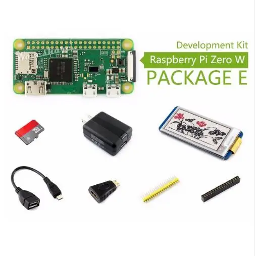 Набор для базовой разработки Raspberry Pi Zero W, включающий Micro SD карту, адаптер питания, 2,13-дюймовую электронную бумагу HAT и компоненты.