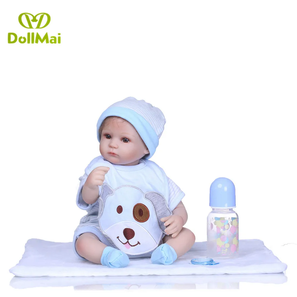 

Kawaii reborn boy dolls 40cm silicone reborn baby doll with blue dog clothing pacifier bottle bebes reborn menino kids gift