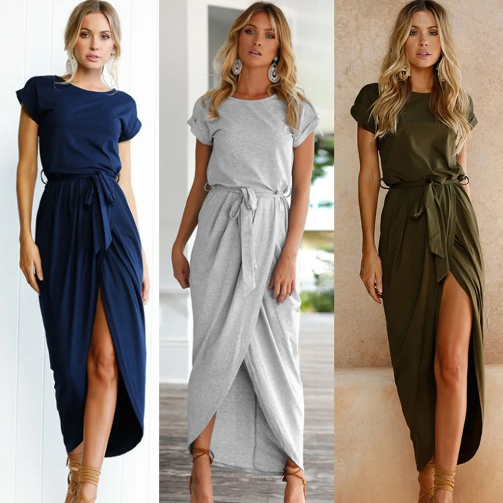 Women Long Maxi Dress Summer Sexy Women's Loose Casual Short Sleeve Round Neck Front Slit Solid Elegant Party DLD719 | Женская