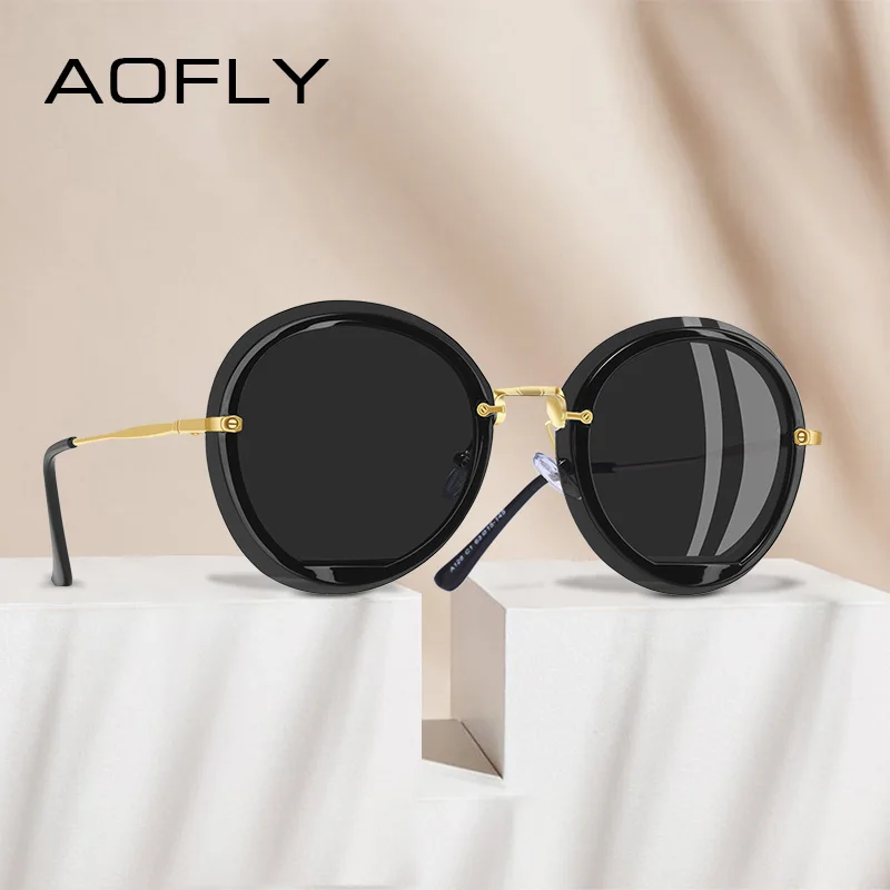 Женские солнцезащ. Очки в круглой оправе AOFLY черно золотистые солнцезащитные