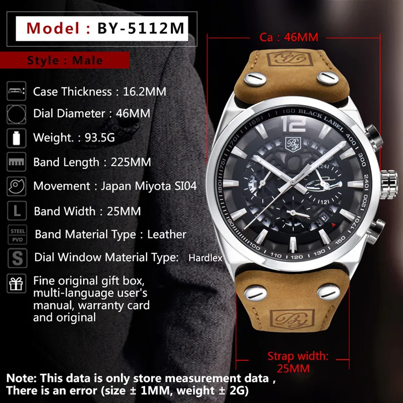 BENYAR Men's Watch Brand silver black Dial reloj hombre Quartz Waterproof Leather Brown Strap Top Luxury Chronograph erkek saat |