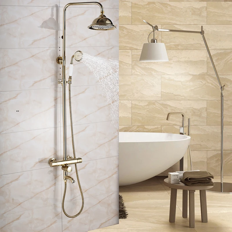 Золотой двойной ручкой для ванной Душевой набор с термостатический смеситель