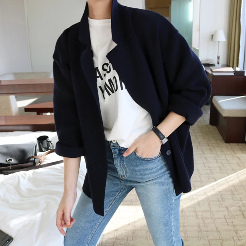 HziriP Casual Fashion Double Breasted Flat Knitted Cardigan Women Regular Solid Color Full Sleeves Button Female Sweaters Coat |