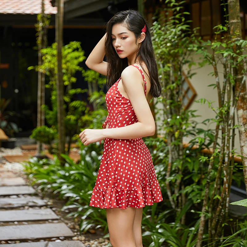 2019 New Arrival Dot Print Skirt Swimwear Sexy Waist Hollow One piece Swimsuit Cross Strap Slim fit Women Bathing Suits | Спорт и