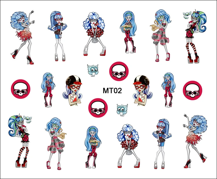1 лист ногтей MT02 Monster High Red Ghoulia Yelps мультяшный череп для ногтевого дизайна водные