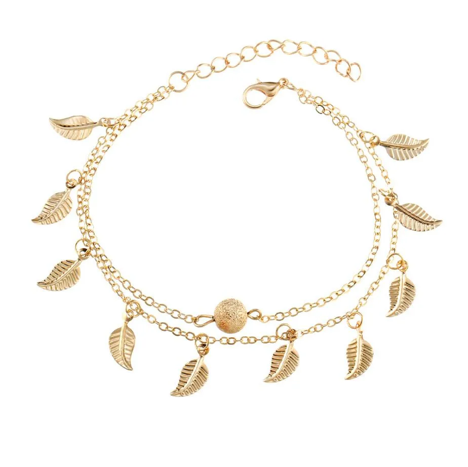 

Hot Sell Ornaments Fashion Charming Beach Double Retro Ankle Chain Tassel Leaf Bracelet Bead Wholesale Beach Party Holiday Gift