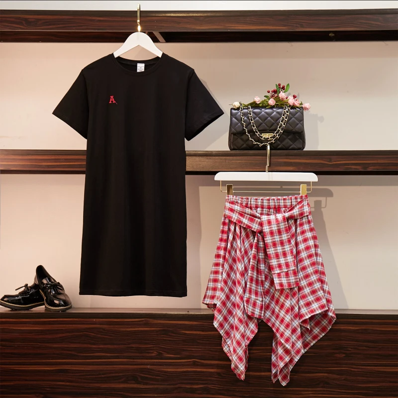 Женский комплект из 2 предметов Черное длинное платье-футболка с Вышивкой Букв и