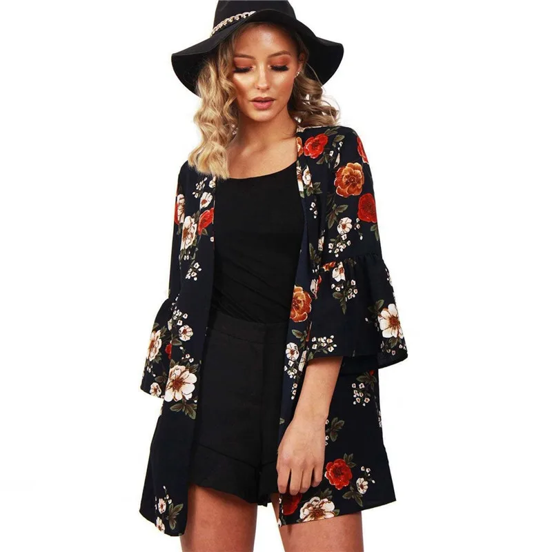 Женская осенне летняя блузка с винтажным цветочным принтом кимоно Boho кардиган