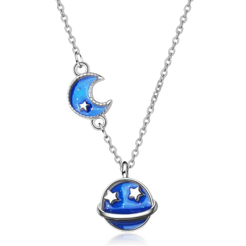 

KOFSAC New Fashion 925 Sterling Silver Necklaces For Women Simple Cute Blue Starry Moon Pendant Jewelry Girl Birthday Party Gift