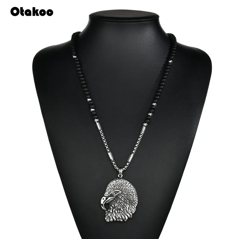Otakoo African Glass Beads Long Chain Necklaces For Men Punk Stainless Steel Eagle Head Pendant Statement Jewelry | Украшения и
