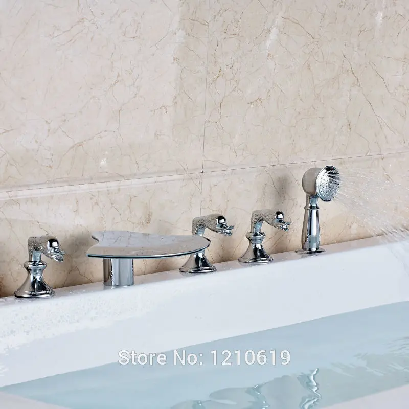 Newly Modern Style Bathtub Faucet w/ Handheld Shower Deck Mount Chrome Tub Mixer Tap Three Handles | Обустройство дома