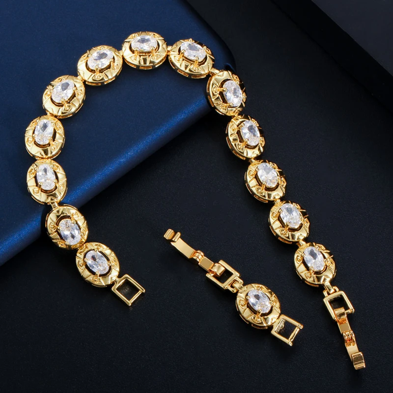 BeaQueen Luxury Yellow Gold Color Indian Jewelry Oval Round Cubic Zircon Crystal Setting Tennis Bracelets for Fashion Women B166 | Украшения