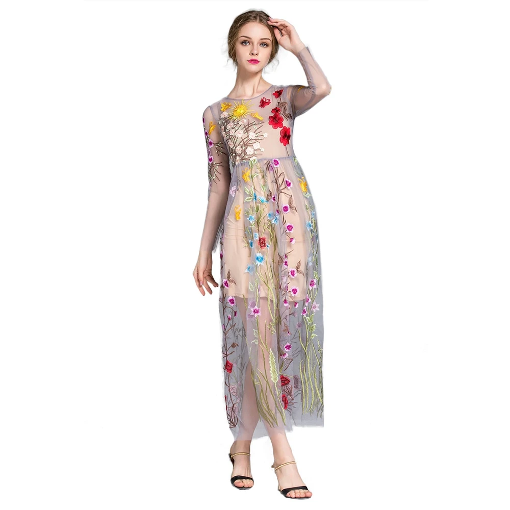 Цветочная вышивка женское летнее платье коктейльное с длинным рукавом на