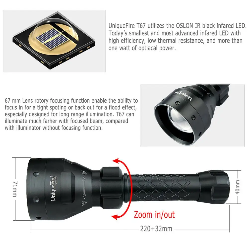 UniqueFire 1405 T67 850nm ИК светодиодный светильник 3 Вт регулируемый фокус инфракрасный