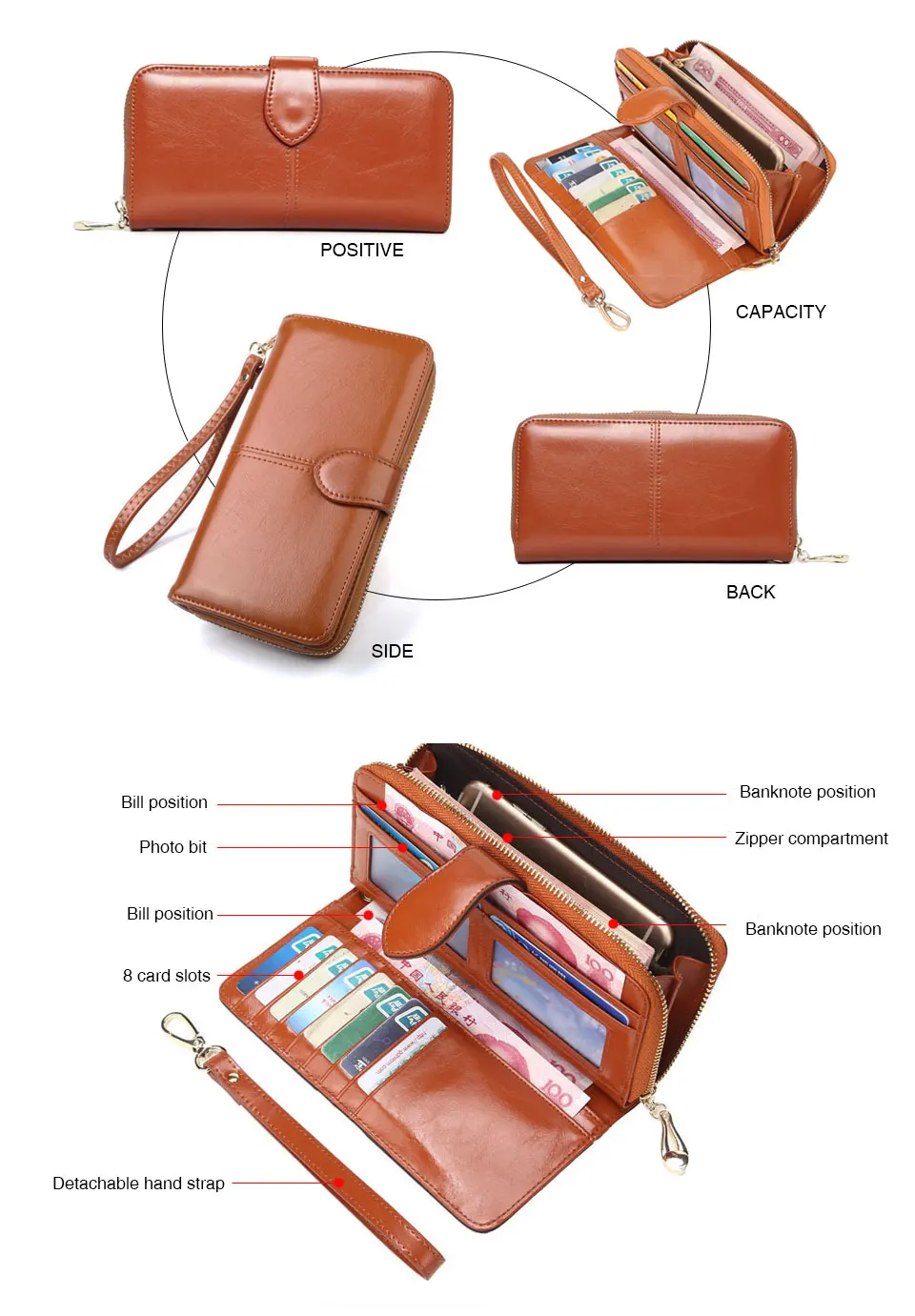 ACELURE Solid Color Women Long Wallets Simple Style Zipper& Hasp Purse With Card Holder Oil Wax Pu Leather Ladies Daily Wallet