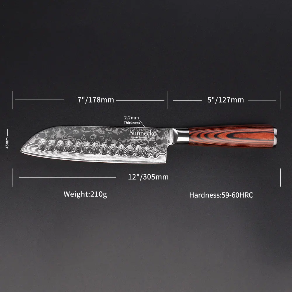 

SUNNECKO 7" inch Santoku Knife Kitchen Knives Japanese Damascus VG10 Steel 60HRC Blade Pakka Wood Handle Chef Filleting Knife