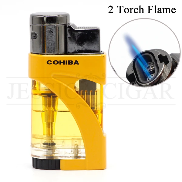 COHIBA гаджеты для мужчин прозрачная Бутановая газовая зажигалка Winproof 3 струйная Зажигалка факела сигарета курительные зажигалки для сигар - Цвет: Yellow 2 Torch Flame
