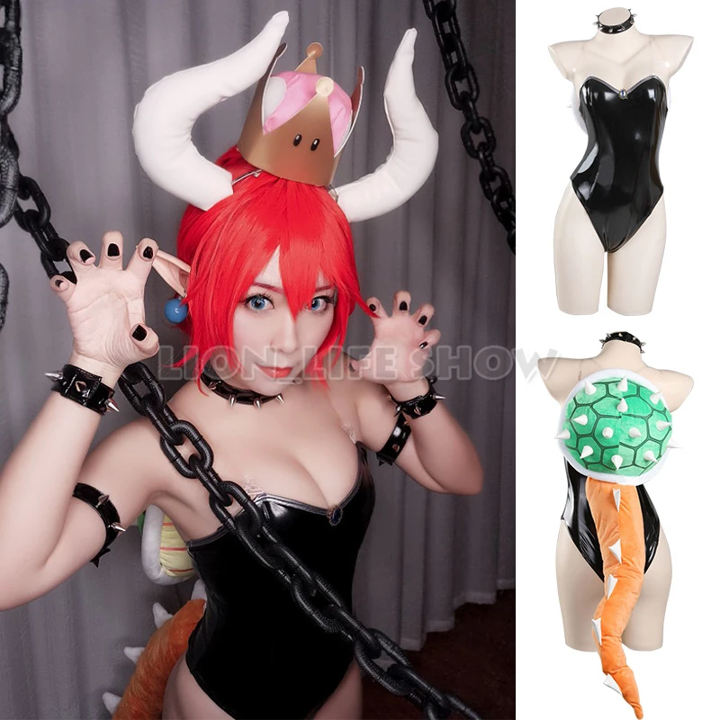 

Super Mario Bowsette Kuppa Koopa Hime Princess Cosplay Costume Dress Jumpsuit Leather Party Full Suit wig