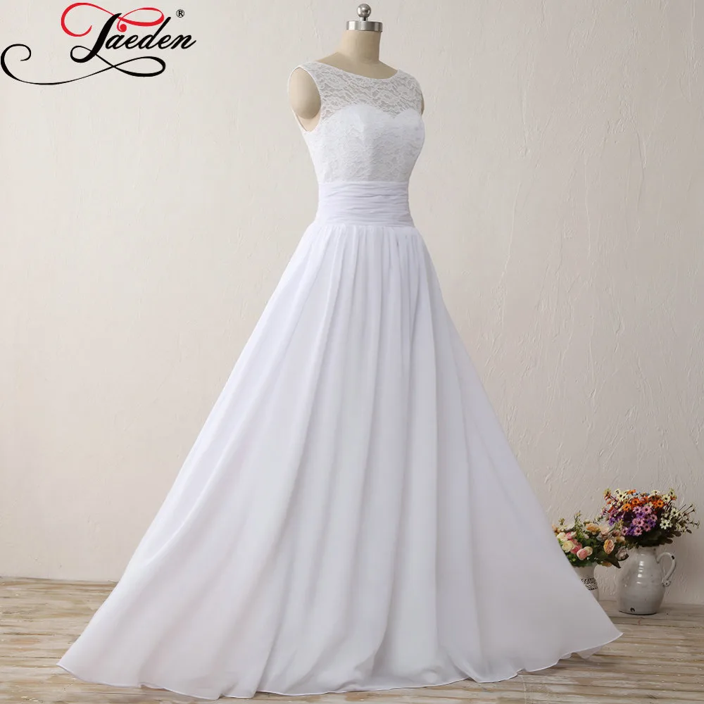 JAEDEN Cheap White Chiffon Beach Wedding Dresses Lace Sleeveless A Line Long Real Photo 2017 E623 Simple Scoop Neck Bridal Gowns | Свадьбы и