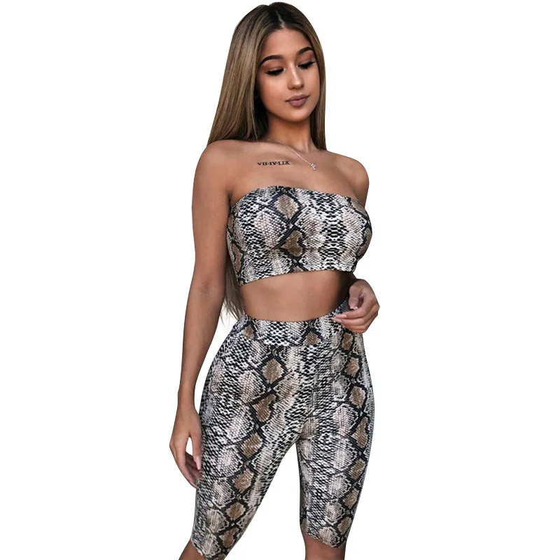 

2020 new arrival women snakeskin print 2 pieces sets sleeveless sexy tank top elastic waist shorts female two pcs outfit