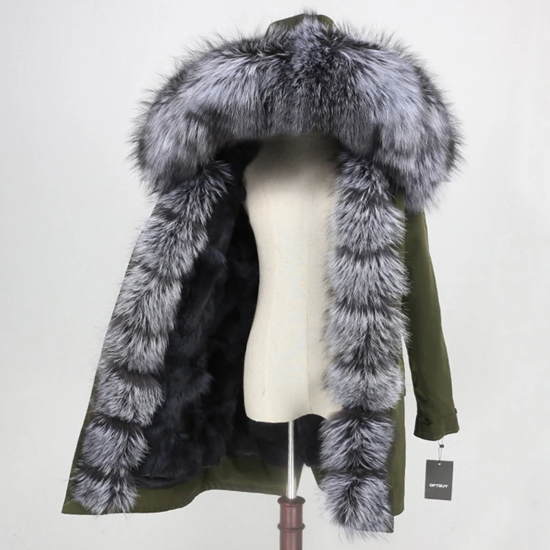 green grey silver OFTBUY, водонепроницаемая парка, Длинные парки, натуральный Лисий мех, худи, натуральный Лисий мех, подкладка, зимняя куртка для женщин, Съемная куртка, уличная одежда, новинка - Цвет: green grey silver