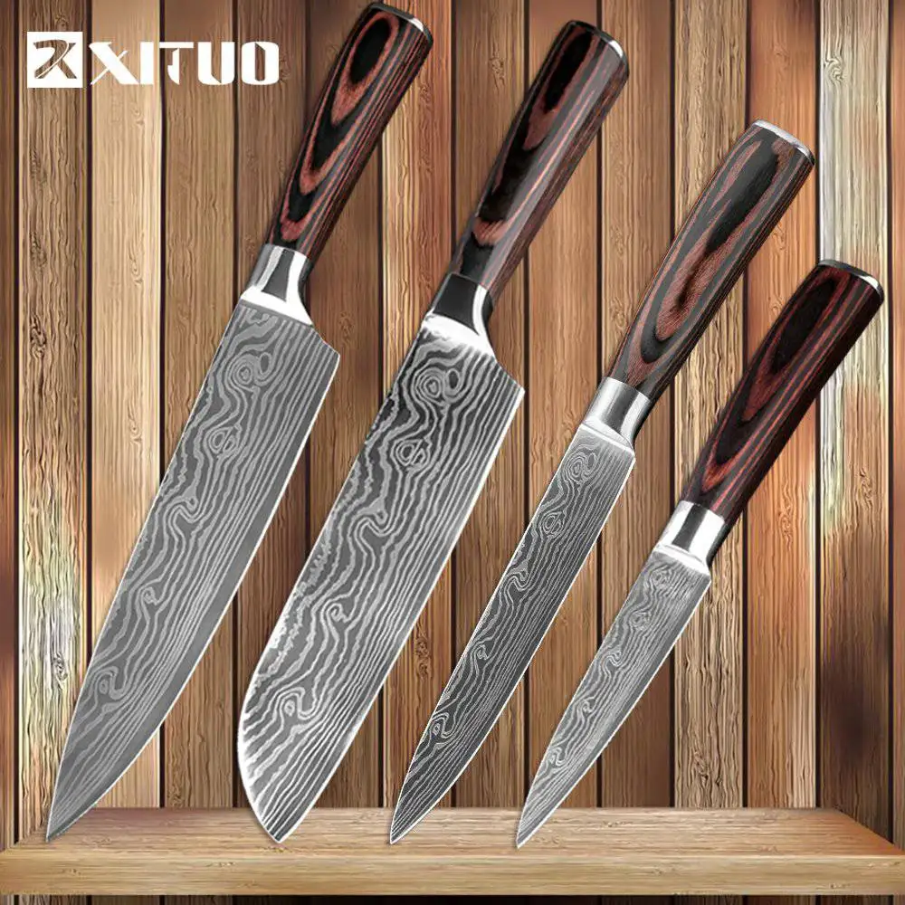 4PCS-1 XITUO кухонные ножи Дамасские вены ножи из нержавеющей стали цветные деревянные ручки для очистки овощей утилита Santoku нож для нарезки повара - Цвет: 4PCS-1