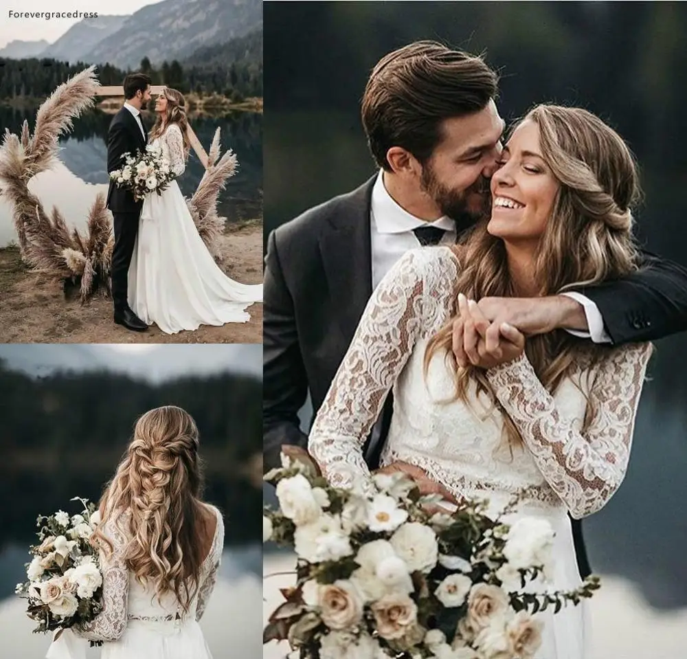 

Длинный рукав кружева Boho свадебный наряд 2019 винтажный богемный пляж сад страны свадебные платья на заказ плюс размер