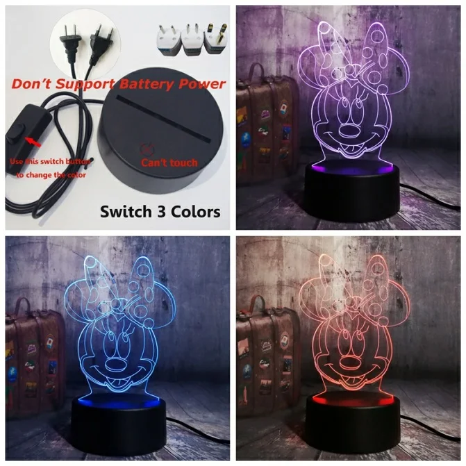3D с героем мультика Минни Мышь светодиодный RGB светодиодный Ночной светильник 7 цветов изменить стол USB лампа для детей Детский Рождественский подарок новинка домашний декор - Испускаемый цвет: Switch One 3 Color