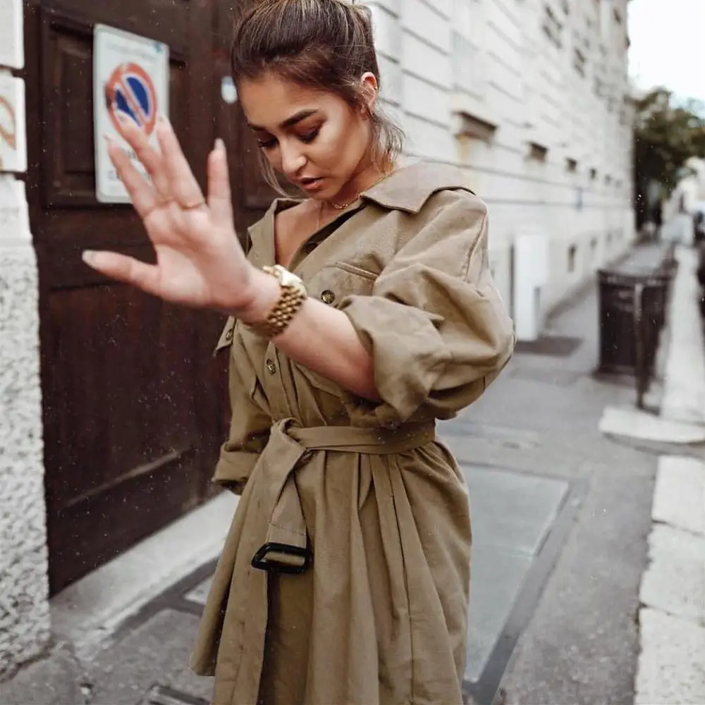2019 весеннее однотонное однобортное мини-платье цвета хаки женское уличное