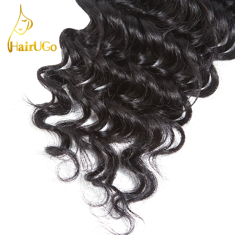 HairUGo Pre-colored Brazilian 3 Bundles 100% Human Hair with Closure Deep Wave #1b Nature Black Color Non-Remy |