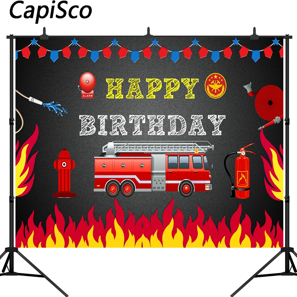 Capisco Firetruck Backdrop Fireman Fire Truck Firefighter Photography Background Boy Birthday Party Decor Photo Banner Props | Электроника