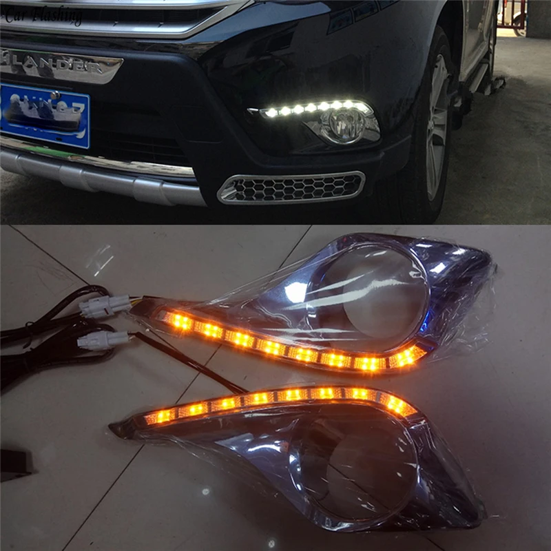 Автомобильный мигающий 1 комплект DRL Автомобильный светодиодный DRL дневные ходовые огни противотуманный светильник с желтым сигналом для Toyota Highlander 2012 2013