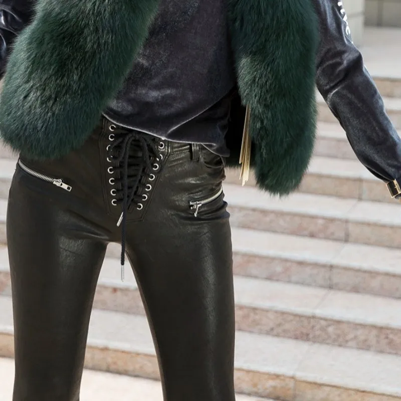 Brand Fashion Women Sexy Lace Up Skinny Wide Leg Pants Sheepskin Genuine Leather Stretch Flared Trousers Lady Gothic Pants