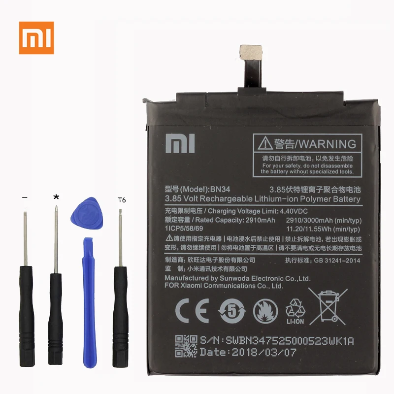 Аккумулятор для телефона Xiaomi Redmi 5A 5 0 дюйма BN34 2910 мАч|Аккумуляторы мобильных