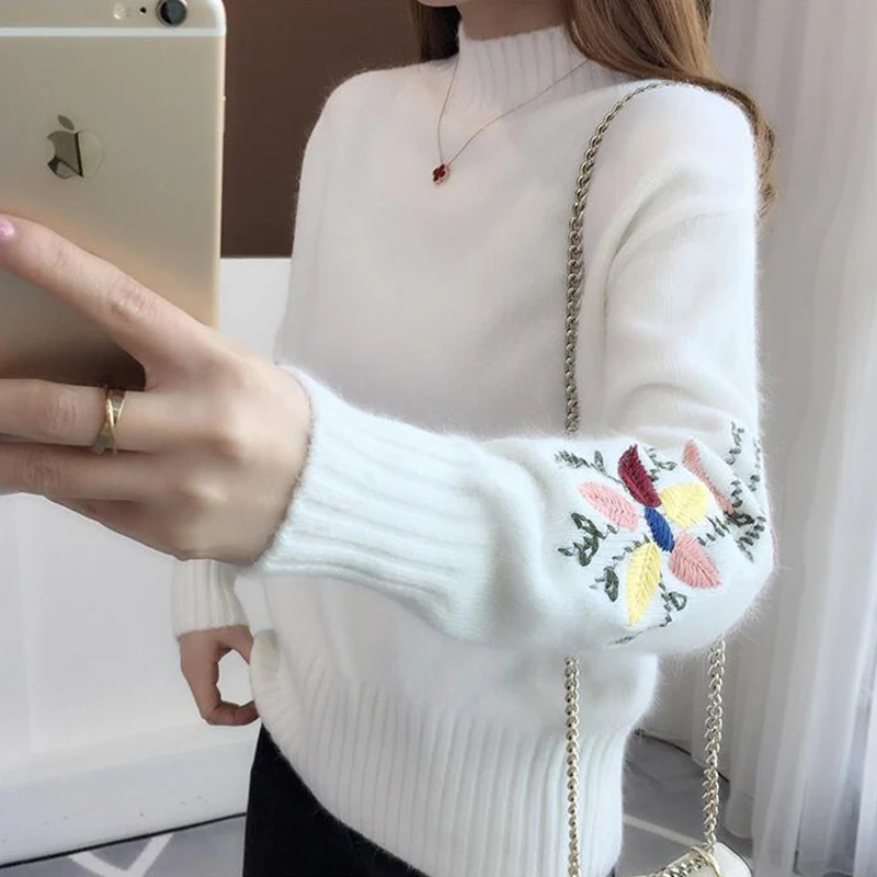 TIGENA Embroidery Turtleneck Sweater Women 2019 Winter Thick Warm Knit Sweaters and Pullovers Female Long Sleeve Jumper Ladies | Женская