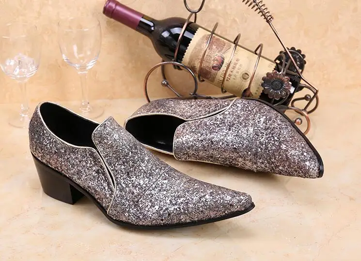 New Imitate Genuine Leather Men Oxford sequin high heels Pointed toes male wedding shoes slip-on smart casual dress sheos | Обувь