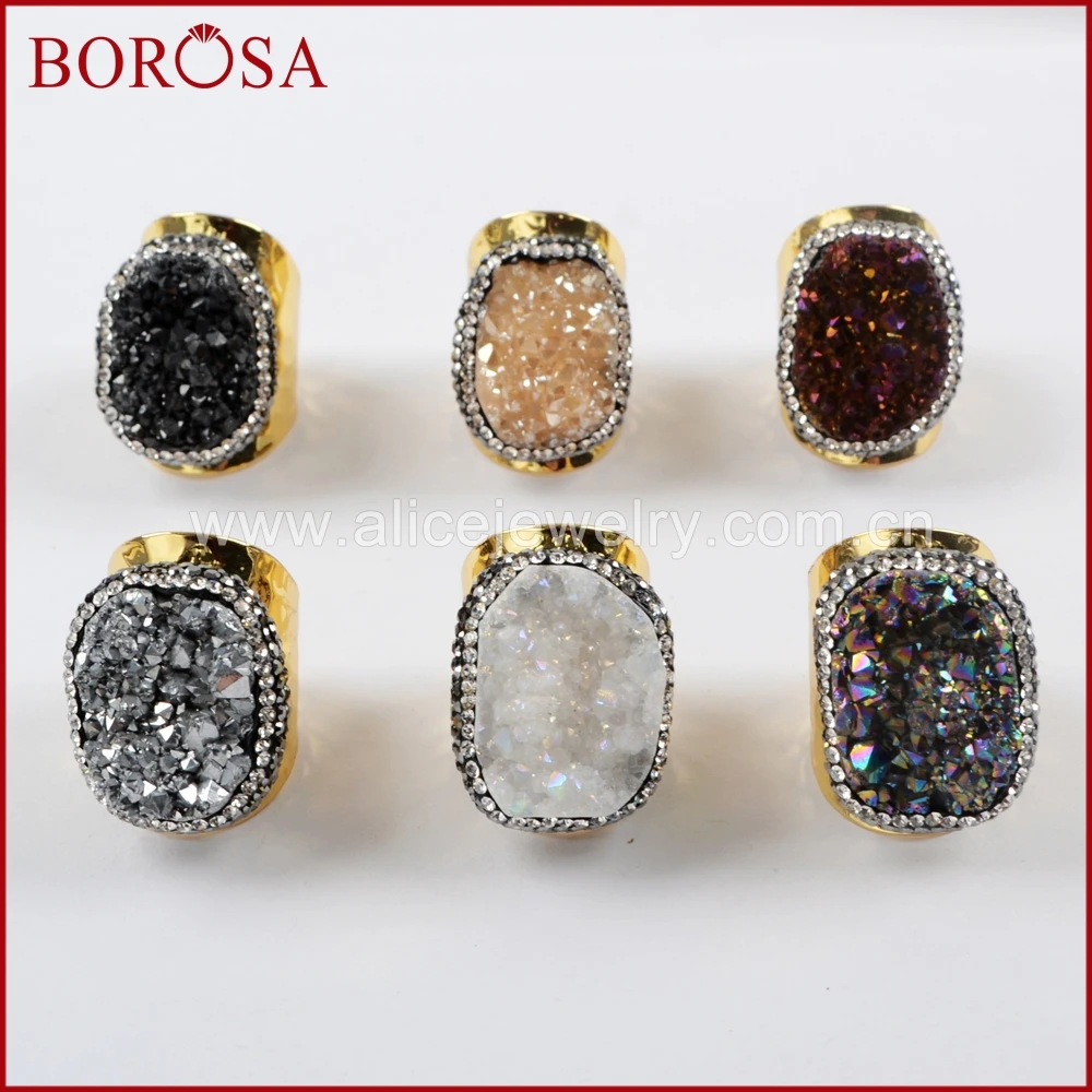 

BOROSA 5/10PCS NEW Electroplated Rainbow Druzy Band Rings Rhinestone Pave Titanium Druzy Gold Ring Jewelry for Women JAB938