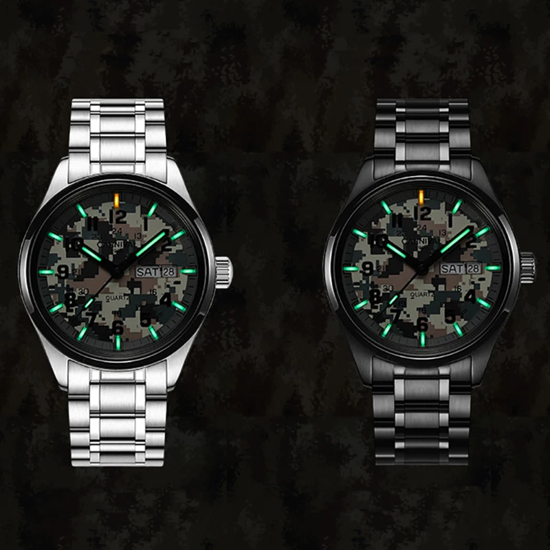 Светящиеся часы Carnival T25 Tritium мужские спортивные армейские камуфляжные кварцевые