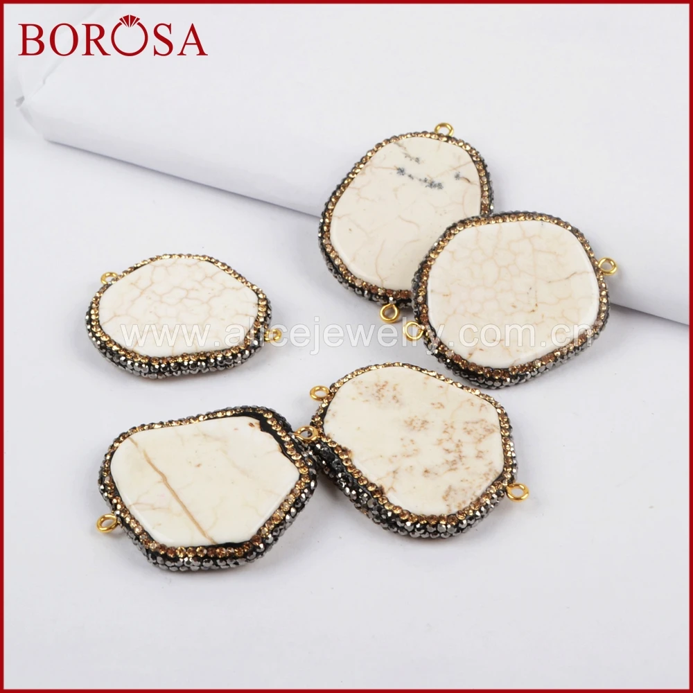 

BOROSA natural stone connector pendant drusy pendant, freeform white stone handcrafted rhinestone cz pave gems jewelry JAB631