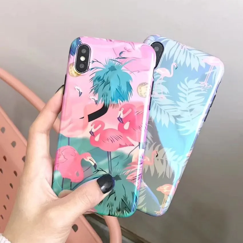 Прекрасный мультфильм Фламинго чехол для iPhone X модный гладкий зеленый лист Blu-Ray