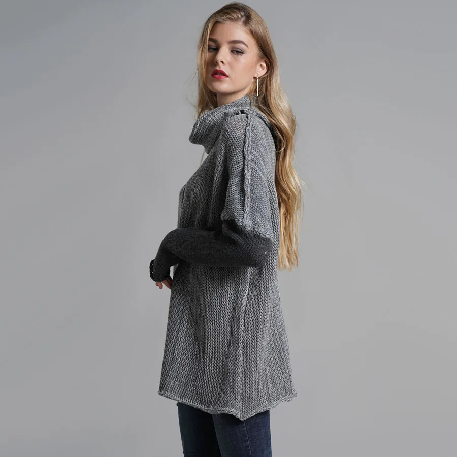 

Pink/Gray Women's Turtleneck Ribbed Sweater With Thumb Hole Long Sleeve Pullover Jumpers Tops Fall Winter Knitted Sweaters