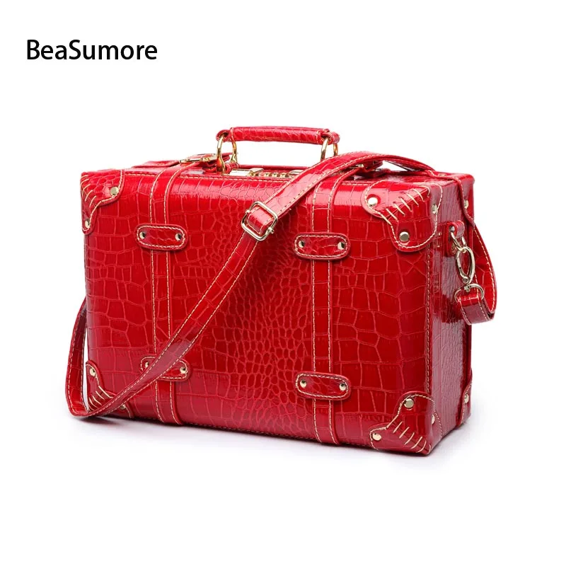 12 inch red BeaSumore Ретро Крокодил из искусственной кожи сумки на колёсиках наборы Spinner Для женщин пароль чемодан колеса 20 дюймов кабина винтаж тележка - Цвет: 12 inch red