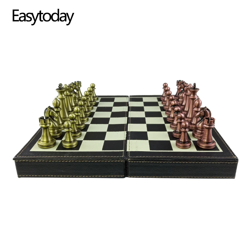 Easytoday Folding Chess Synthetic Leather Chess Board Solid Wood Chess Box Metal Chess Pieces High-quality Table Games Set Gift