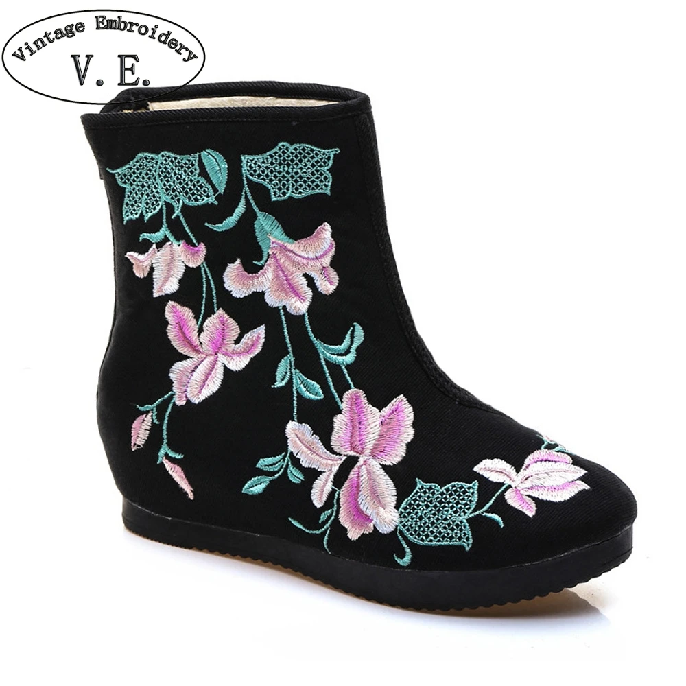 Винтажные повседневные ботинки средней высоты с вышивкой botas femininas De Inverno женские