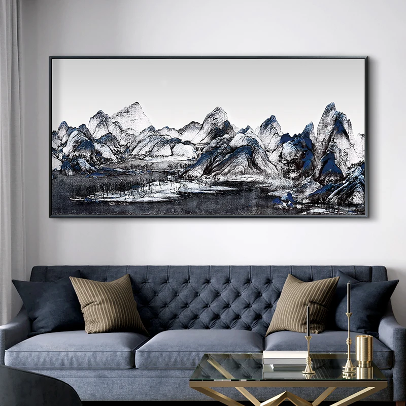 Китайский стиль холст живопись большая картина для гостиной синий роскошный