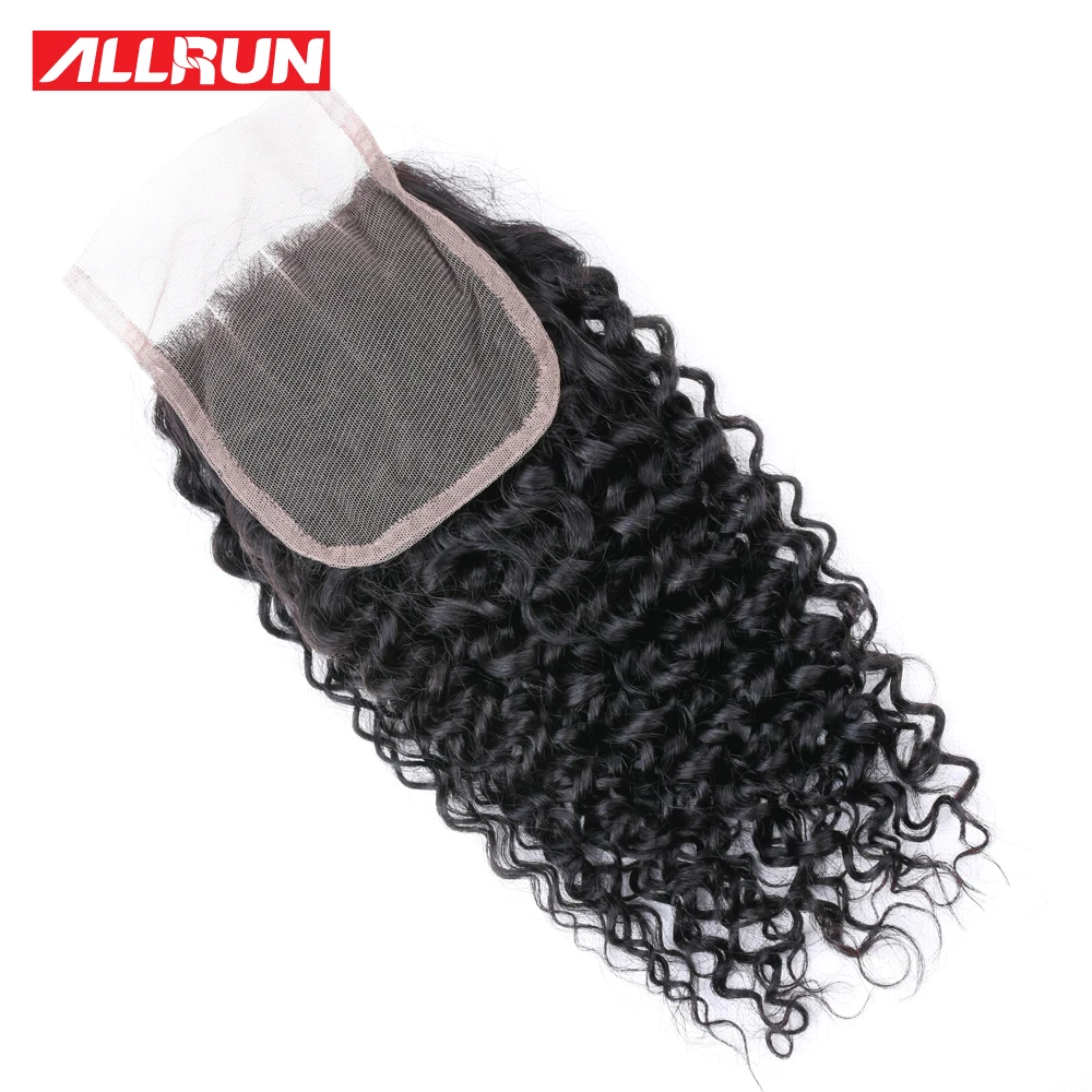 Allrun Kinky Curly кружева закрытия человеческих волос бесплатно/средний/три части 4x4