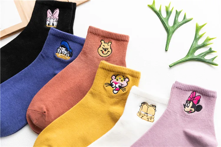 Женские носки ярких цветов Harajuku модные хлопковые носки до щиколотки 1 пара браслет на ногу для девочек с вышивкой аниме