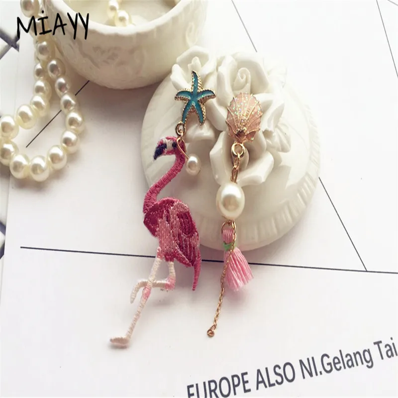 Fashion Tassel Flamingo Earring For Women Shell Pearl Star Handmade Asymmetric Statement Bohemia Jewelry Holiday | Украшения и